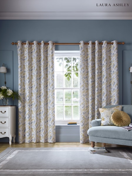 Laura Ashley Ochre Yellow 100% Cotton Longston Sprig Eyelet Curtains (AM8140) | €93 - €166