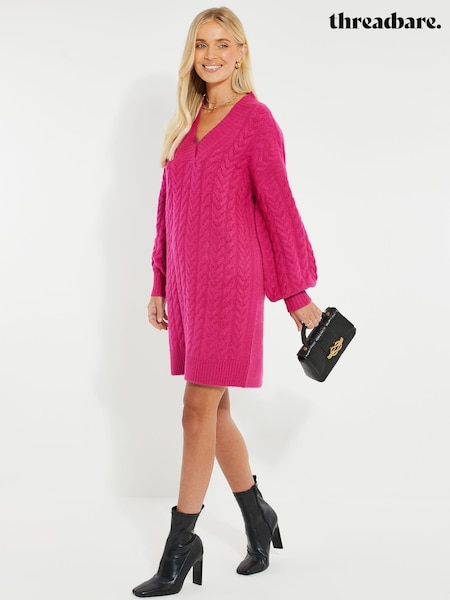 Threadbare Pink V-Neck Chunky Cable Knit Jumper Dress (AM8154) | R$ 405