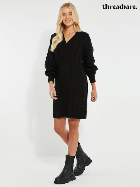 Threadbare Black V-Neck Chunky Cable Knit Jumper Dress (AM8156) | R$ 405