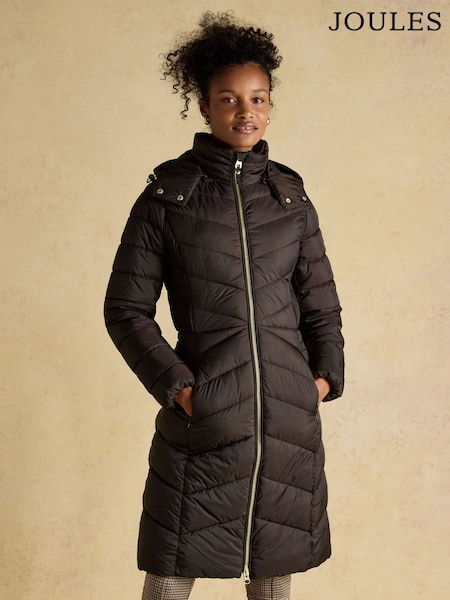 Joules Pembury Brown Showerproof Longline Padded Coat with Hood (AM8352) | 688 QAR