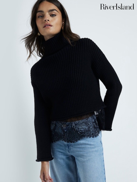 River Island Black Roll Neck Lace Hybrid Jumper (AM8375) | AZN 113