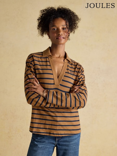 Joules Tallie Tan/Navy Combed Cotton Slub Collared Top (AM8420) | €55