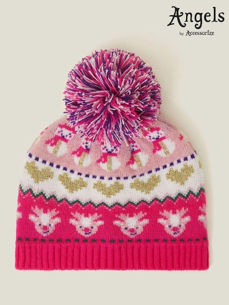 Angels By Accessorize Pink Girls Christmas Fair Isle Pattern Beanie Hat (AM8441) | €18