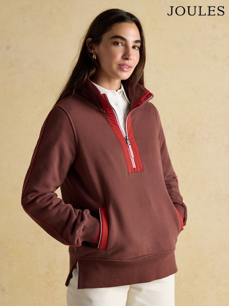 Joules Bronte Brown Funnel Neck Quarter Zip Cotton Sweatshirt (AM8443) | R$ 590