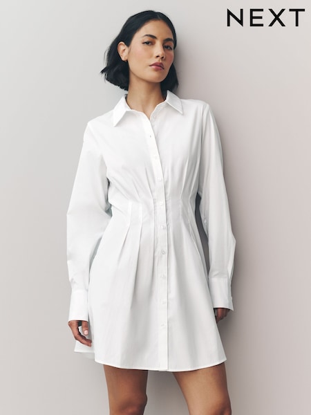 White Corset Waist Shirt Mini 100% Cotton Dress (AM8496) | €36