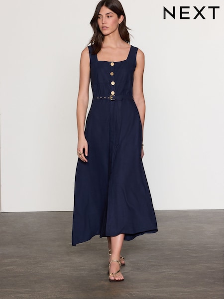 Navy Blue Belted Square Neck Midi Dress (AM8498) | $77