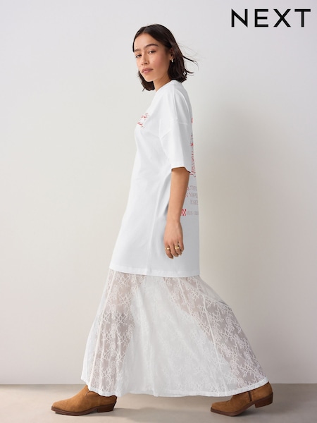 White Lace Skirt Graphic T-Shirt Dress (AM8501) | €50.50