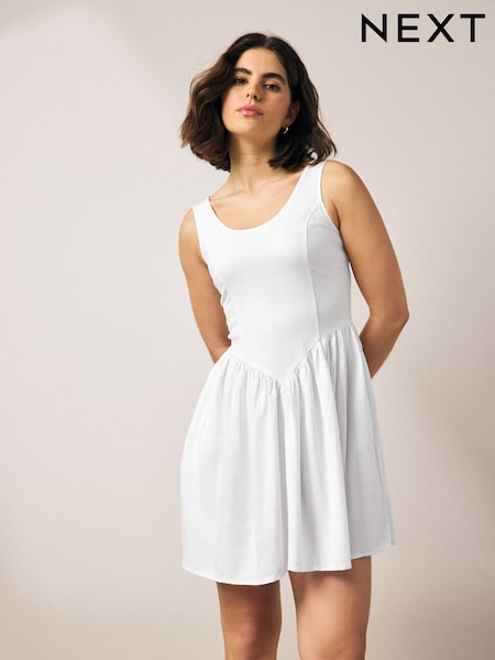 White Sleeveless Scoop Neck Waisted Mini Dress with Linen (AM8504) | $53