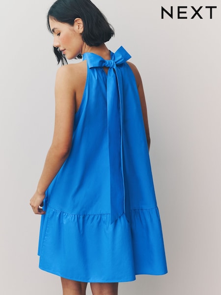 Blue 100% Cotton Halter Tie Neck Sleeveless Tiered Mini Dress (AM8505) | €39