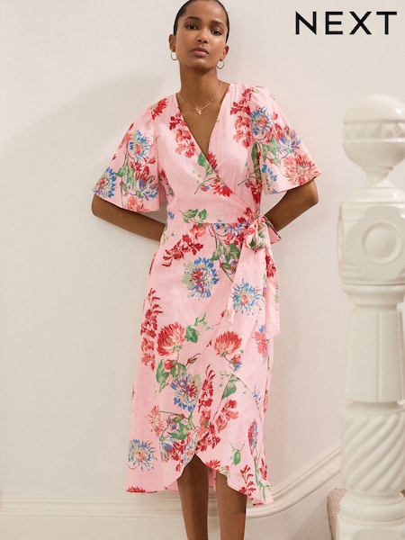 Pastel Pink Floral Print Flutter Sleeve Wrap Midi Dress (AM8510) | ₪123
