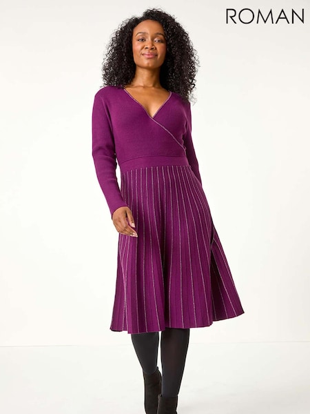 Roman Purple Petite Metallic Pleat Knitted Dress (AM8570) | kr771