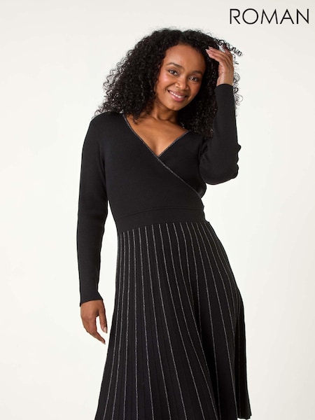 Roman Black Petite Metallic Pleat Knitted Dress (AM8573) | €69