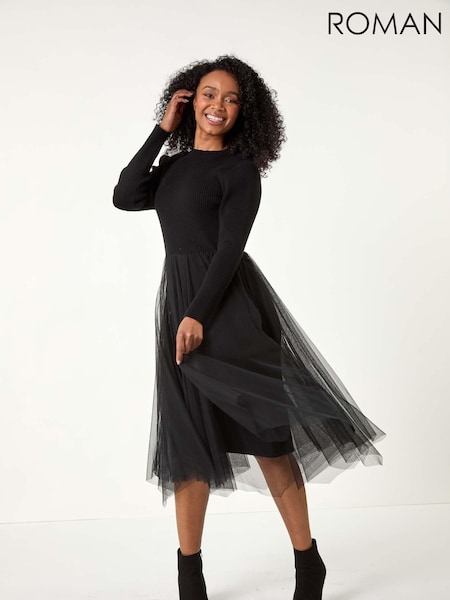 Roman Black Petite Contrast Knit Mesh Dress (AM8581) | 3,004 UAH
