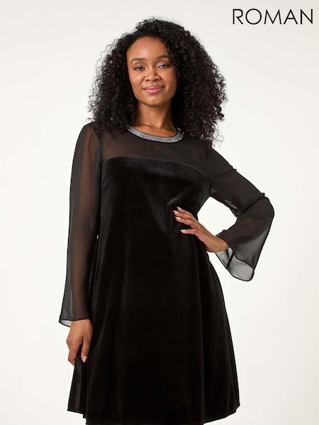 Черный - Roman Petite Neck Trim Velvet Dress (AM8583) | €80