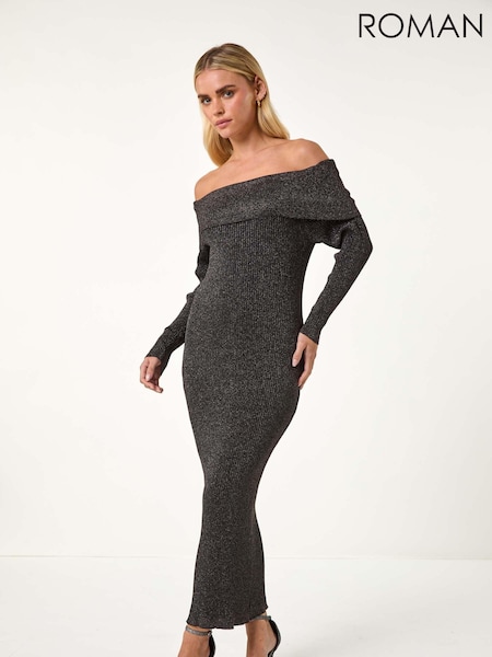 Roman Petite Metallic Knit Bardot Midi Dress (AM8592) | €95