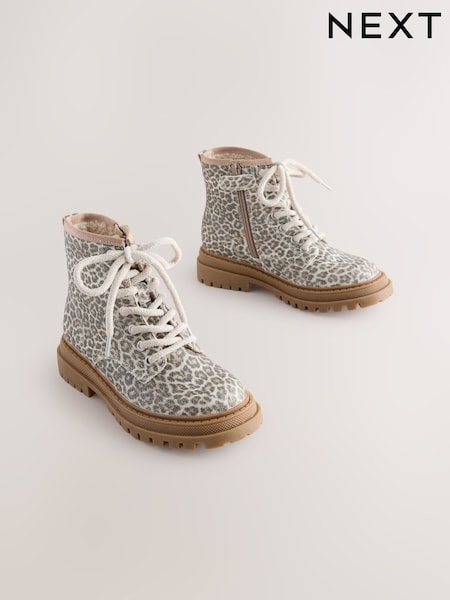 Muted Animal Printed Standard Fit (F) Warm Lined Lace-Up Ankle Boots (AM8639) | €44 - €54