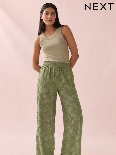 Khakigrün - Jacquard-Hose aus Satin mit weitem Beinschnitt (AM8680) | 59 €