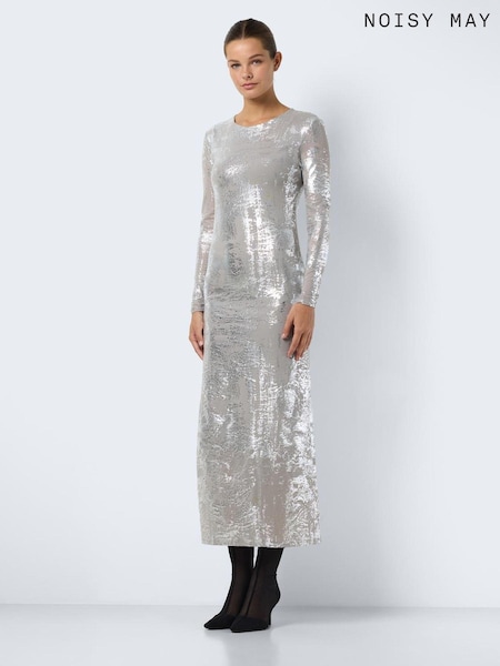 NOISY MAY Silver Long Sleeve Mesh Maxi Party Dress (AM8788) | €24