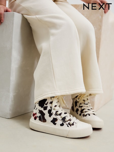 White/Brown Cow Printed Standard Fit (F) Lace-Up High Top Trainers (AM8797) | €29 - €37