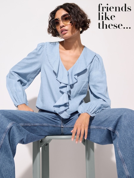 Friends Like These Chambray Long Sleeve Ruffle Blouse (AM8823) | R$ 365