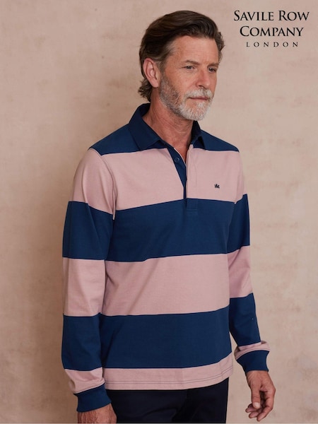 The Savile Row Company Blue Pink Stripe Heavyweight 100% Cotton Jersey Rugby Shirt (AM8877) | €86