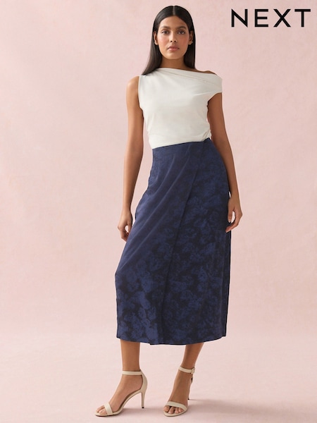 Navy Satin Jacquard Midi Sarong Skirt (AM8956) | €45