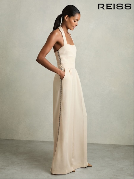 Reiss Cream Viola Embroidery Halterneck Wide-Leg Jumpsuit (AM9071) | 1,985 QAR