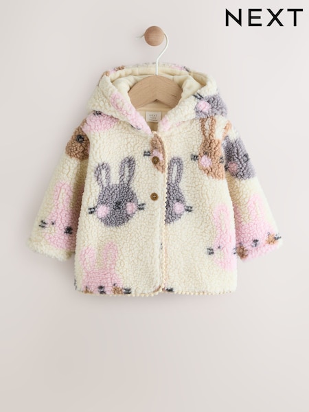 Ecru and Pink Bunny Borg Hooded Baby Jacket (0mths-2yrs) (AM9148) | €22 - €25