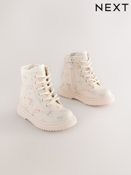 Cream Floral Standard Fit (F) Lace-Up Ankle Boots (AM9195) | AED132 - AED152