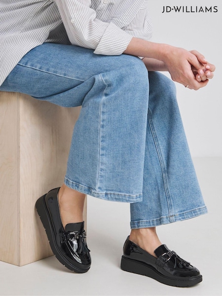 JD Williams Black Wide Fit Low Wedge Tassle Trim Loafers (AM9245) | €56