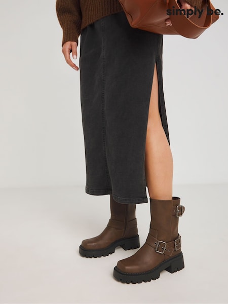 Simply Be Brown Extra Wide Fit Multi Buckle Ankle Biker Boots In Wide Fit (AM9262) | AED160