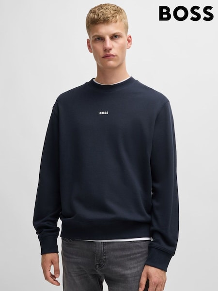 BOSS Dark Blue Relaxed Fit Contrast Logo 100% Cotton Terry Sweatshirt (AM9310) | AED693