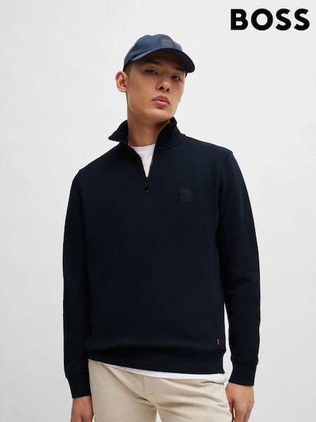 BOSS Light Blue Logo Patch Terry 100% Cotton Zip Neck Jersey Sweatshirt (AM9314) | AED751