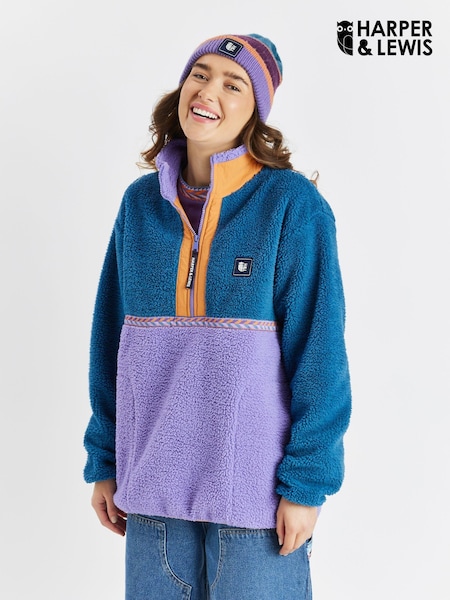 Harper & Lewis Blue Blue Logan Quarter Zip Sherpa Fleece (AM9435) | €107