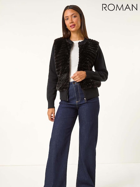Roman Black Faux Fur Funnel Neck Zip Jacket (AM9443) | kr714