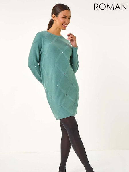 Roman Green Pearl Detail Textured Jumper Dress (AM9445) | €60