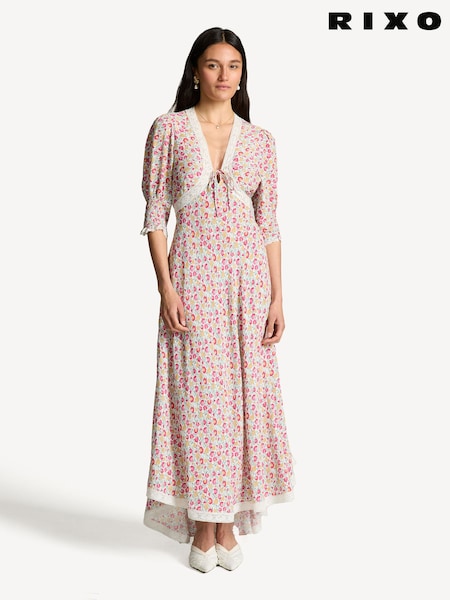 Rixo Pink Amina Lace Trim Midi Dress (AM9487) | kr4 162