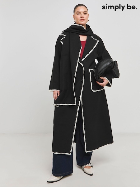 Simply Be Black Blanket Stitch Maxi Scarf Coat (AM9526) | ₪427