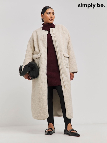 Simply Be Collarless Teddy Maxi Coat (AM9529) | 443 LEI