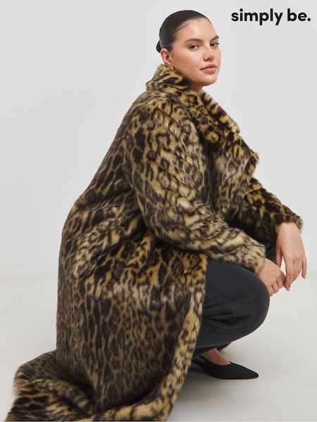 Simply Be Black Leopard Print Faux Fur Midaxi Coat (AM9544) | €69