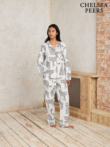 Chelsea Peers White Leopard Print Long 100% Organic Cotton Pyjamas Set (AM9608) | AED227