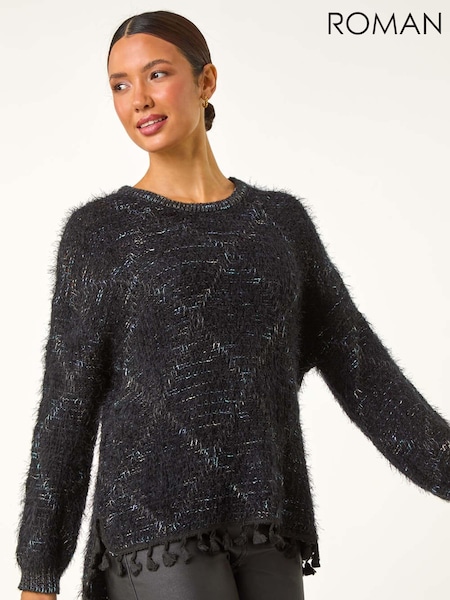 Roman Black Fluffy Knit Fringe Hem Jumper (AM9642) | €51