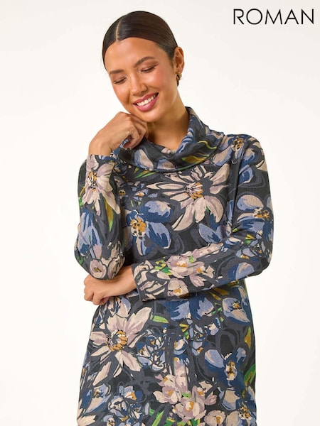 Roman Blue Floral Printed Roll Neck Top (AM9646) | $86