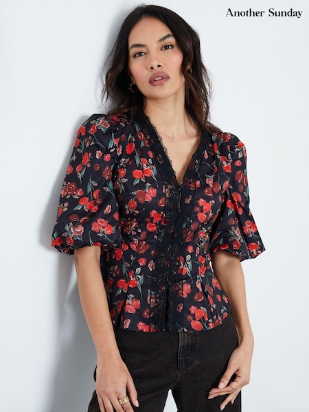 Another Sunday Red Lace Trim Puff Sleeves Ditsy Floral Print Blouse (AM9661) | 2,283 UAH