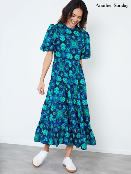Another Sunday Blue Poplin Puff Sleeve Tiered Midi Cobalt Geo Print Smock Dress (AM9667) | €77