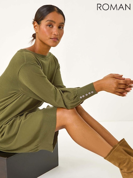Roman Green Button Detail Slash Neck Knitted Stretch Jumper Dress (AM9672) | €53