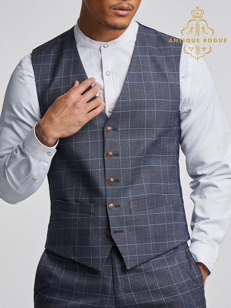 Antique Rogue Blue Overcheck Waistcoat (AM9688) | €85