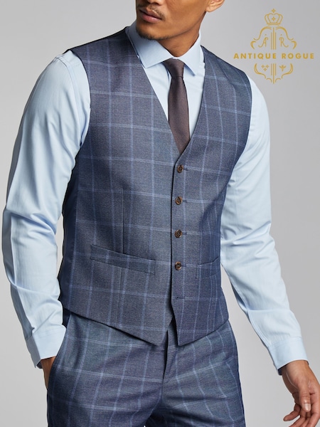 Antique Rogue Blue Windowpane Check Waistcoat (AM9700) | €92