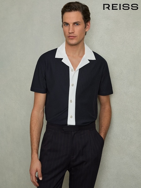 כחול כהה/לבן - Reiss Aster 100% Cotton Textured Colour Block Shirt (AM9731) | ‏642‏₪