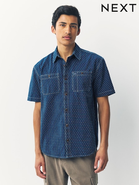 Indigo Blue Printed Textured Short Sleeve 100% Cotton Shirt (AM9767) | €42
